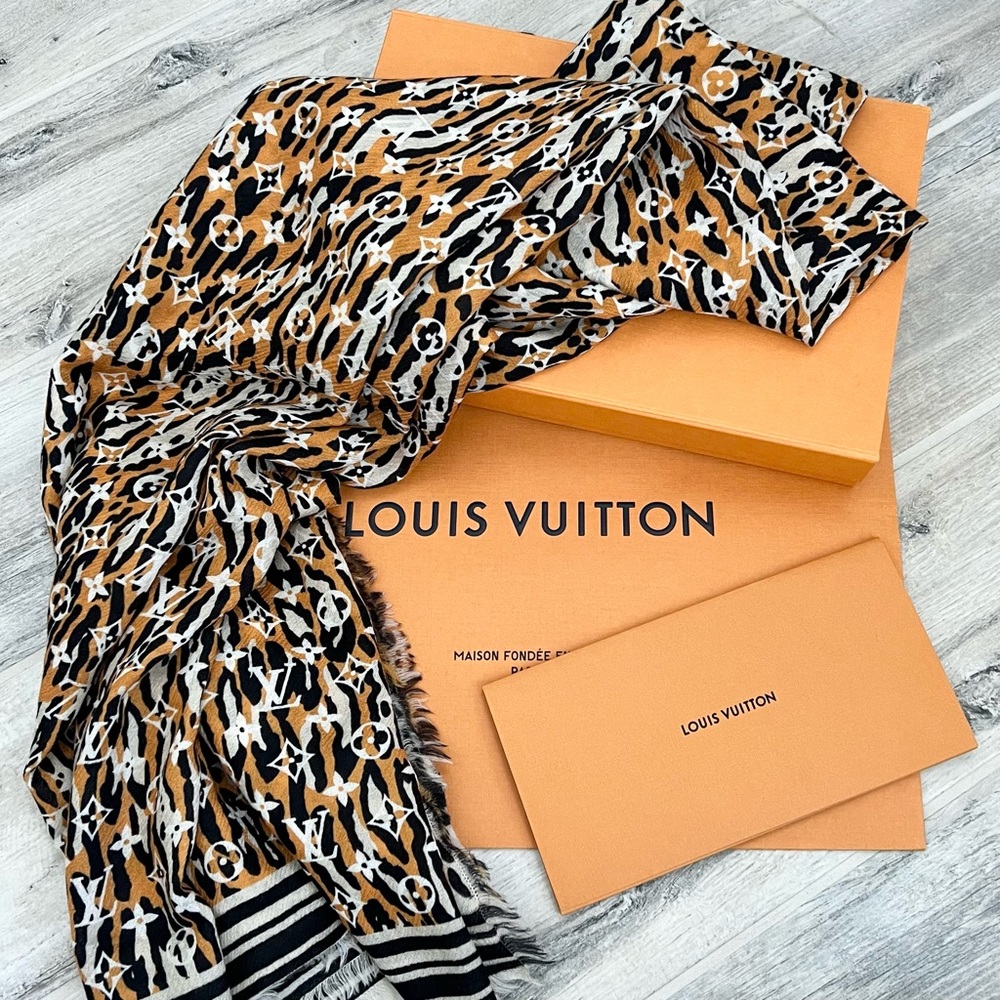 Louis Vuitton Orange Black Monogram Jungle Wool Shawl